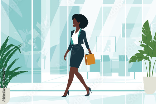  African businesswoman walking through a corporate office with briefcase, glass background and modern decor vector illustration