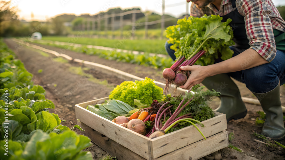 Fototapeta premium Chef harvesting fresh vegetables on farm, anonymous portrait