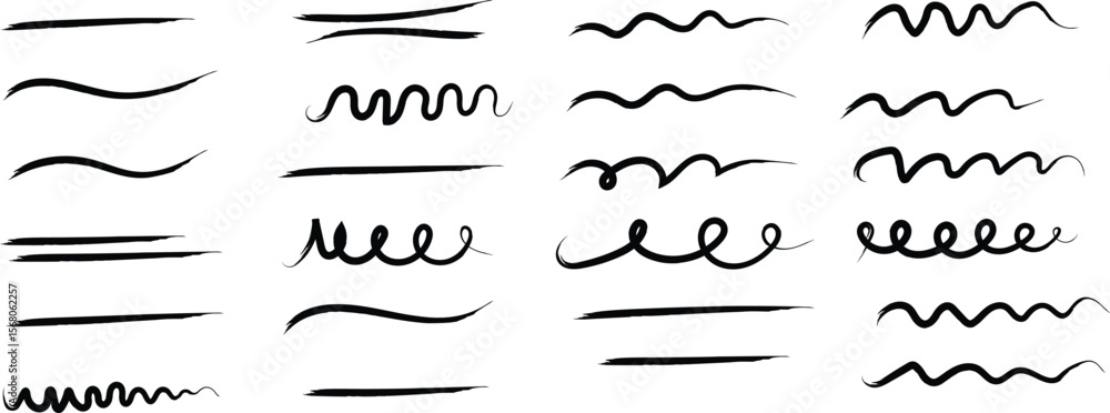Underline Vector Set – Hand-Drawn Brush Strokes & Vintage Dividers. Calligraphic Underline & Border Vector. Black Brushstroke Underlines and Swirl Dividers