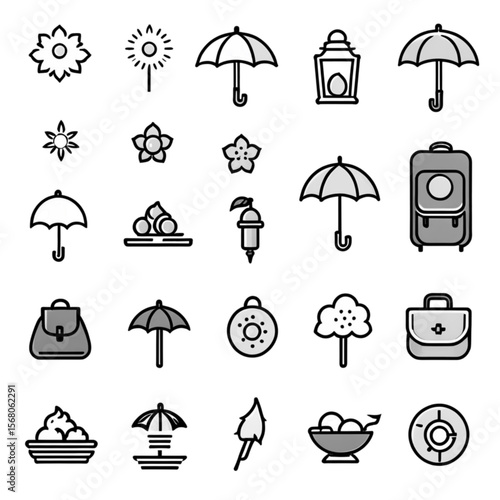花と傘のミックスアイコンセット｜Flower and Umbrella Mixed Icon Set