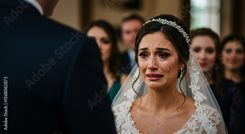 A beautiful bride overcome with emotion cries during her poignant wedding vows
