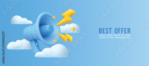 3D megaphone with clouds, bolts. Realistic loudspeakers, bullhorn. Blue speaker, stars, lightning icons for advertising, announcement, media promo concept. Vector banner