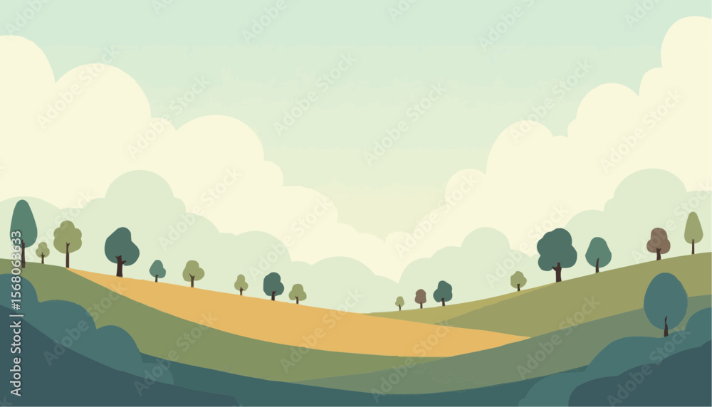 Obraz premium Pastel Landscape Illustration of Rolling Hills and Trees in Soft Colors
