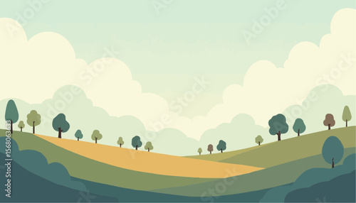 Pastel Landscape Illustration of Rolling Hills and Trees in Soft Colors