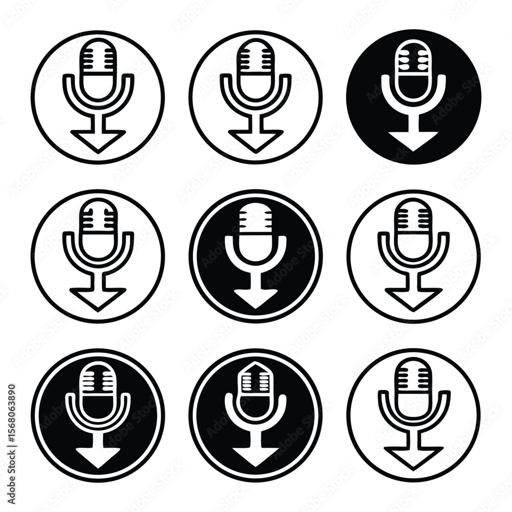 Podcast line icons with download arrow Podcast line icons with download arrow