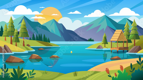 Serene mountain lake landscape with gazebo and sunrise