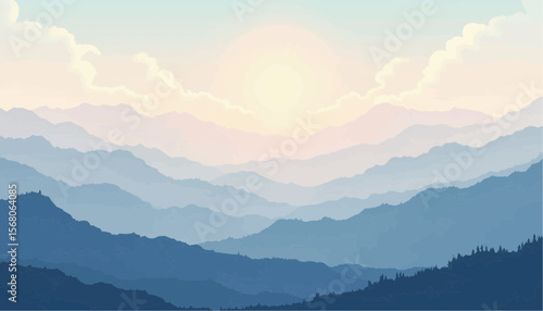 Serene Mountain Landscape with Layers of Blue Hues and Soft Sunrise Light