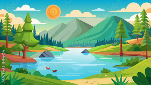 Vibrant cartoon landscape with a serene lake mountains trees and boats