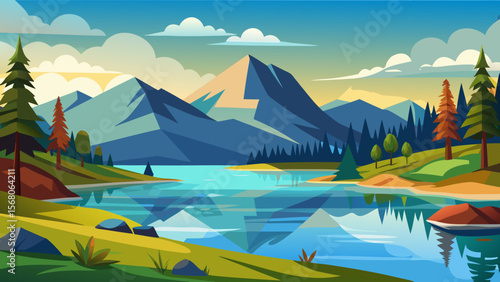 Serene mountain lake landscape with reflections and colorful sky