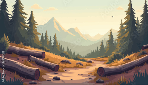 Serene Mountain Forest Landscape with Pine Trees and Log Pile in Sunset Lighting