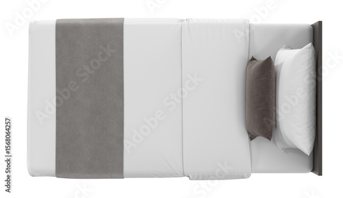 Top-down view of a modern single bed with dark wood frame and white bedding, isolated on a neutral background. 3D render.