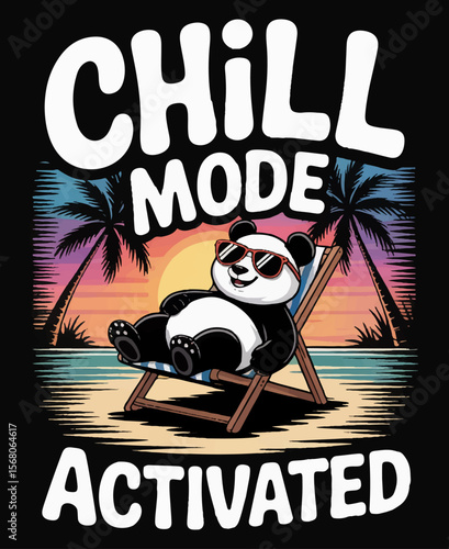 An illustration of a cartoon panda lying on a chaise longue and relaxing near the sea among palm trees on a black isolated background. vector graphics. EPS.