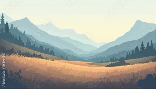 Serene Mountain Landscape with Layers of Forest and Soft Sky