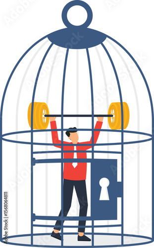 Businessman Lifting Gold Coins in Cage Financial Freedom Concept, Overcoming Financial Constraints, Investment Challenges, Economic Struggle, Debt Burden, Financial Crisis, Business Trapped