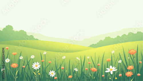Bright Spring Meadow with Flowers and Green Hills in Sunny Day