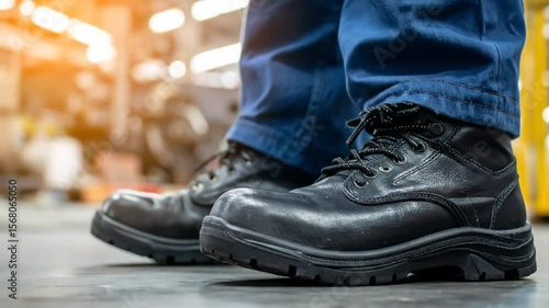 Blurred image of a person's foot in safety boots walking on a factory floor