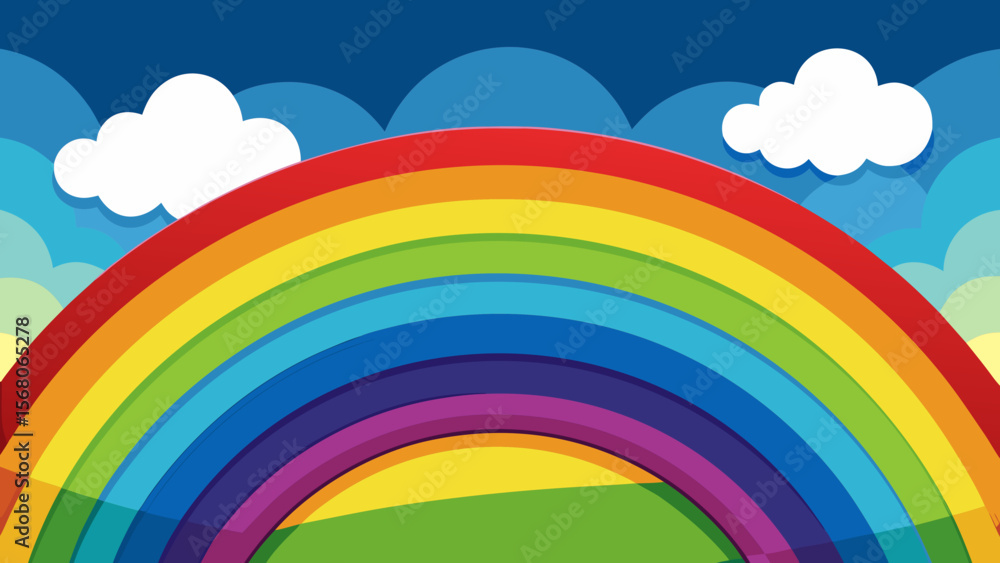 Fototapeta premium Vibrant rainbow arching over green hills under a blue sky with fluffy white clouds