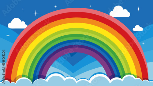 Vibrant rainbow arching across a bright blue sky with fluffy clouds