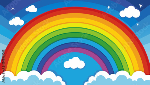 Vibrant rainbow arching across a blue sky with fluffy white clouds and stars