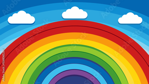 Vibrant rainbow arches across a blue sky with fluffy white clouds