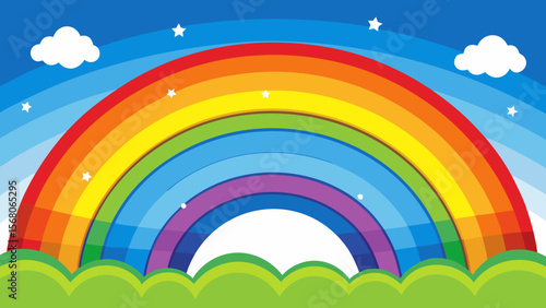 Vibrant rainbow arching over green hills under a blue sky with clouds and stars