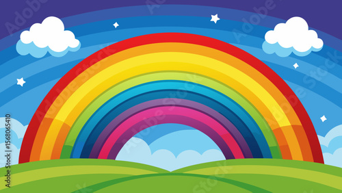 Vibrant rainbow arches over rolling green hills under a bright blue sky with fluffy clouds and stars