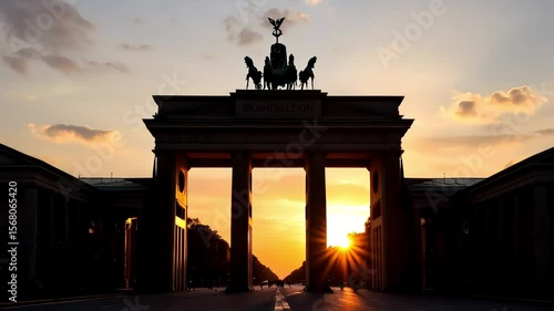 A peaceful evening shot of the Brandenburg Gate, bathed in golden light as the sun sets behind it