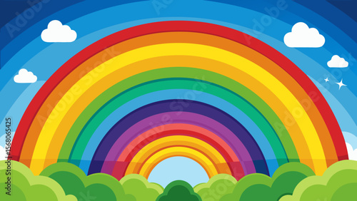 Vibrant multi colored rainbow arching over green hills under a bright blue sky with fluffy white clouds