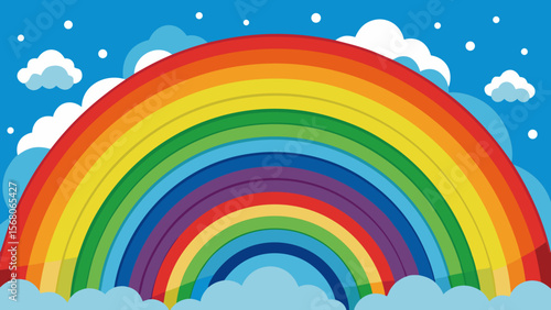 Vibrant rainbow arching across a bright blue sky with fluffy white clouds
