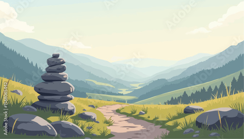 Scenic Mountain Landscape with Stacked Stones and Pathway in Bright Day
