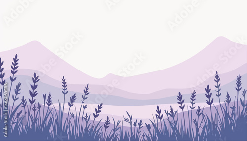Minimalist Purple Mountain Landscape with Lavender Flowers and Soft Sky