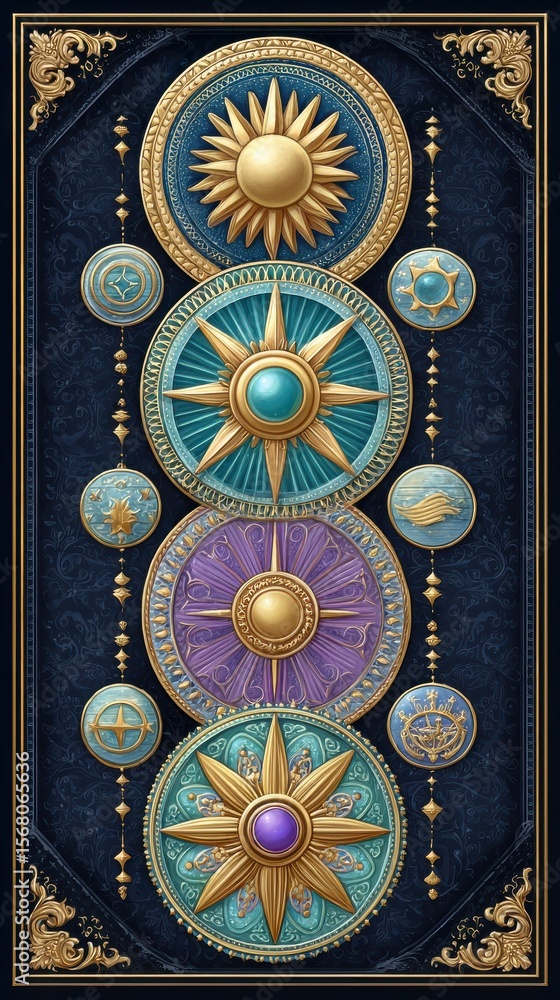 Obraz premium Ornate Gold and Blue Celestial Medallions on Dark Background