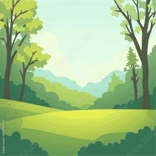 Peaceful Green Forest Landscape Illustration in Bright Natural Lighting