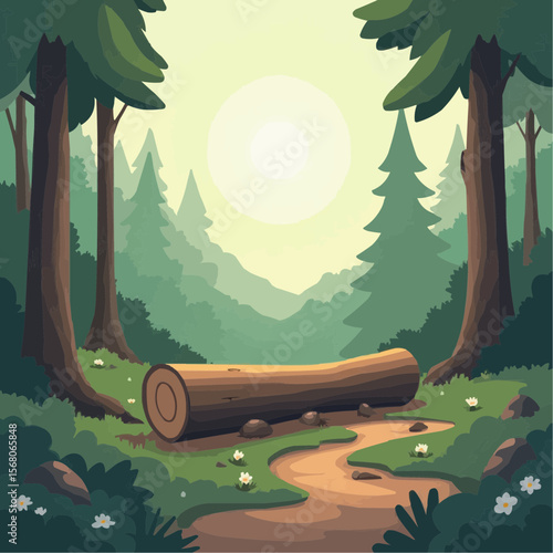 Serene Forest Scene with Sunlit Path and Fallen Log in Lush Green Environment