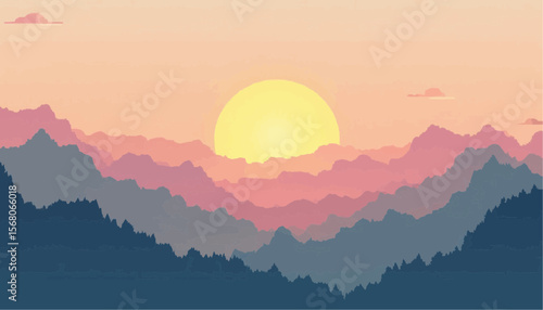 Pastel Sunset Over Mountain Ridges with Silhouetted Forest Landscape