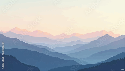 Blue Mountain Range Layered Landscape Painting at Sunset