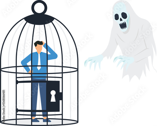 Trapped Businessman in Cage Confronted by Ghost Concept Illustration Fear of Failure Business Problem Overcoming Obstacles,businessman, cage, ghost, fear,