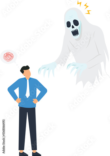 Business Man Confronting Ghost of Stress and Anxiety Concept Illustration Overthinking Problems Mental Health Issues