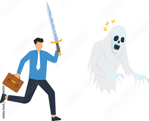 Businessman Fighting Business Problems with Sword Concept Illustration, Overcoming Challenges, Confronting Fears, Business Strategy, Problem Solving, Success, Vector