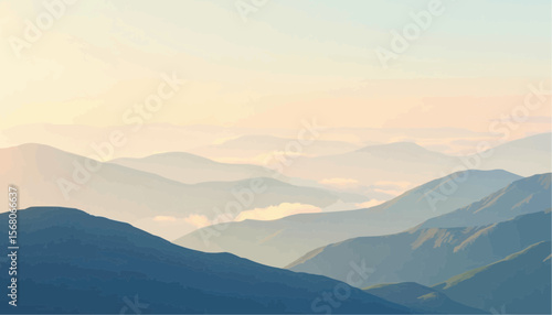 Mountain range misty blue landscape at sunrise in scenic vista