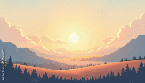 Golden Sunrise Over Hilly Landscape with Evergreen Trees and Clouds