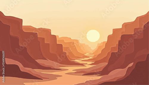 Desert Canyon at Sunset with Flowing River Vector Landscape