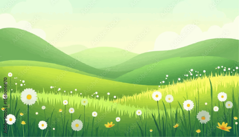 Obraz premium Green Hillside with White Daisies Sunny Spring Landscape