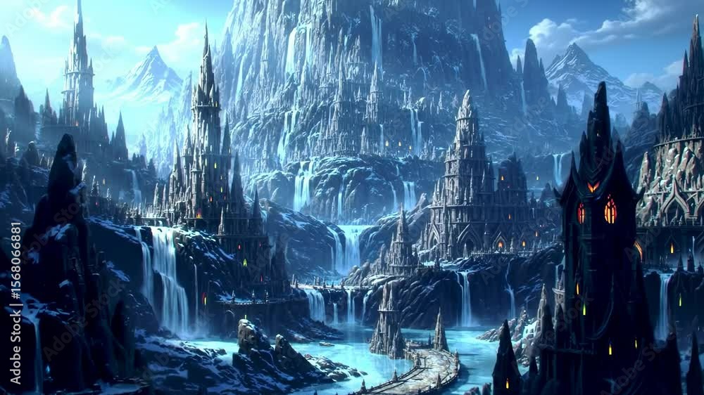Fantasy mountain city landscape Fantasy mountain city landscape