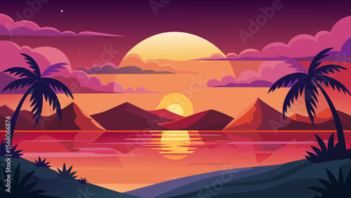 Vibrant sunset over a tropical lagoon with palm trees and mountains