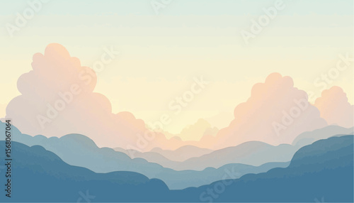 Scenic Mountain Range with Pastel Clouds, Light Blue Hills Illustration