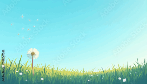 Pastel Dandelion in Green Grass on Blue Sky Background Illustration