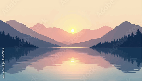 Serene Lake with Mountain Silhouette at Sunset in Soft Pastel Colors