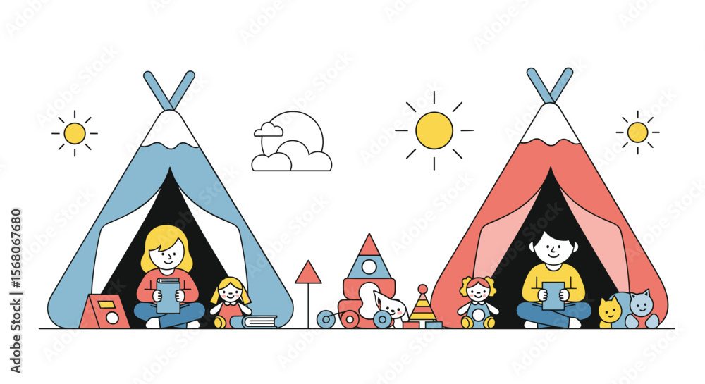 Children playing inside tents with toys and tablets outdoors on a sunny day Children playing inside tents with toys and tablets outdoors on a sunny day