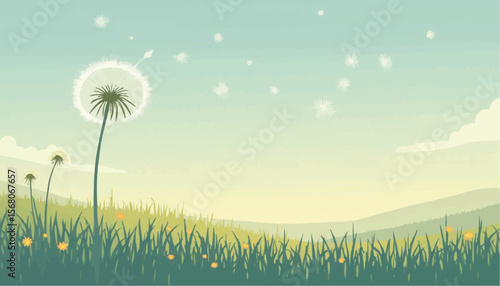 Dandelion Flower Field with Sparkling Sky in Peaceful Green Landscape Illustration